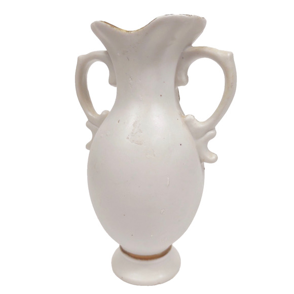 Vintage Bisque Porcelain Handled Raised Flower Vase 7" Hand Painted Gold Trim - Picture 7 of 9